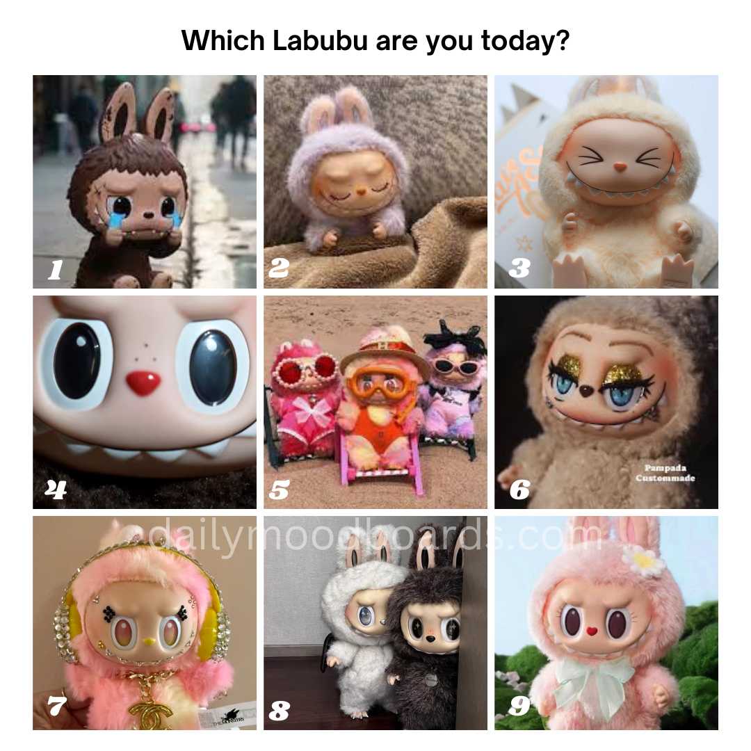 Nine Labubu collectible figures with different expressions and styles representing different moods