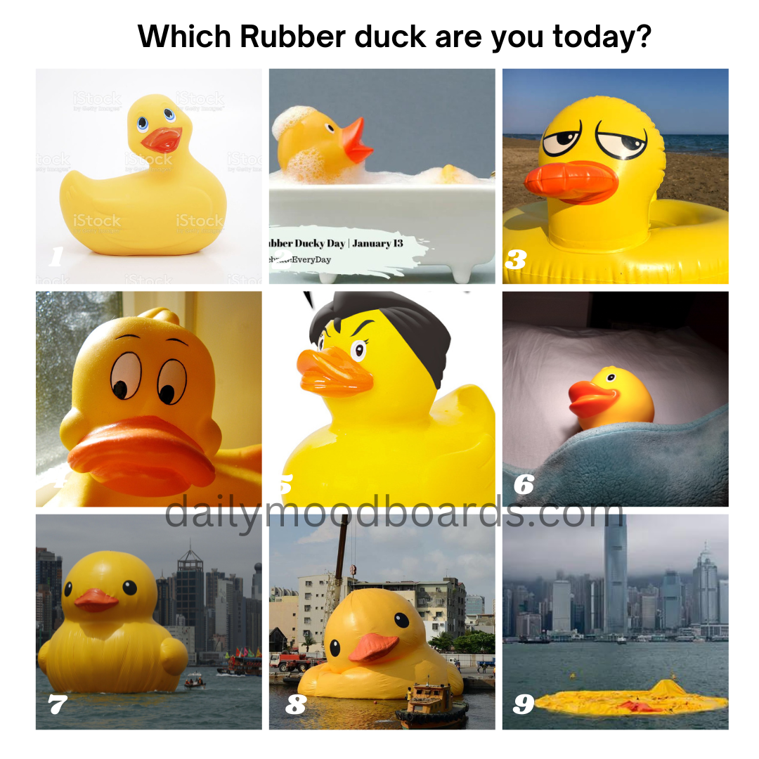 Nine rubber ducks in different situations and expressions representing different moods